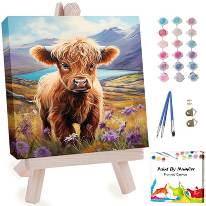 Artunion Framed Paint by Numbers Kit for Adults Beginners & Kids Ages 8-12,Highland Cow Paint by Number with Frame,Cow Animal Paint by Numbers Kit on Canvas 10 * 10 Inch Without Easel - color: ZXT-324-F