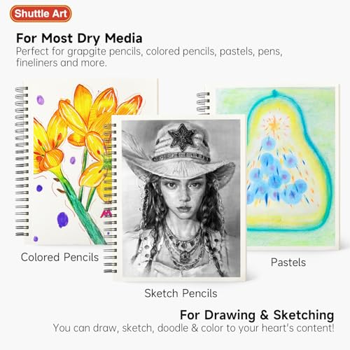 Shuttle Art 9x12” Sketchbook, 220 Sheets Total, Pack of 2(110 Sheets Each), 68lb/100gsm Thick Paper, Spiral Bound Mixedmedia Sketch Pad, Acid-free Drawing Pad for Kids Adults Artists Sketching Drawing - size: 110 Sheets x2