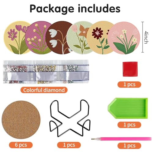 DOTSOPS 6 Pack Flower Diamond Art Coasters with Holder for Adults 4 in - color: A-Flowers