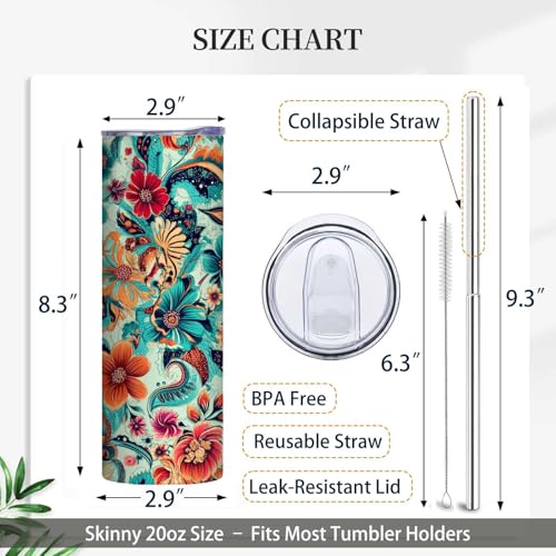 Firmiso 20 oz Tumbler｜Skinny Insulated Travel Mug｜Paisley Floral Stainless Steel Cup with Lid and Telescopic Straw｜Boho Botanical Drinkware｜Elegant Gifts Idea for Women - color: Paisley Floral