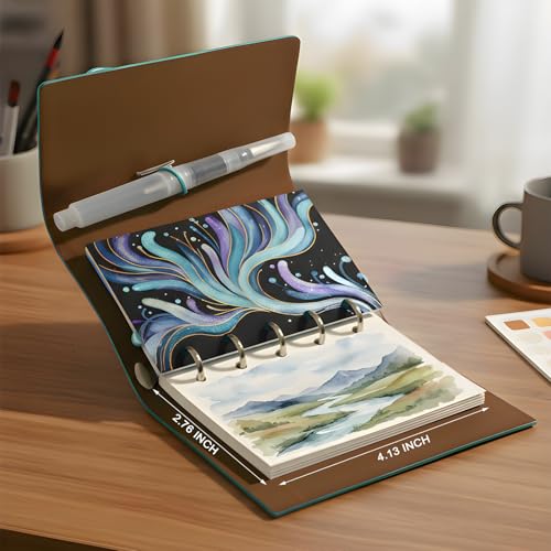 Mini Travel Watercolor Sketchbook Set - 24 Colors Pocket Paint Kit (6 Metallic, Neon, Macaron) with Refillable 300gsm Black & White Paper - PU Leather Urban Sketching Binder & Water Brush Gift - color: Green