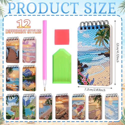 Fuyoooo 12 Pcs Beach Diamond Art Notebook Kits for Adults, 4.72 x 2.83 Inch | Ocean Beach Diamond Art Notebook, DIY Cover Notebook Diamond Painting for Beginners, 5d Journal Art Notepad Accessories - style: Beach