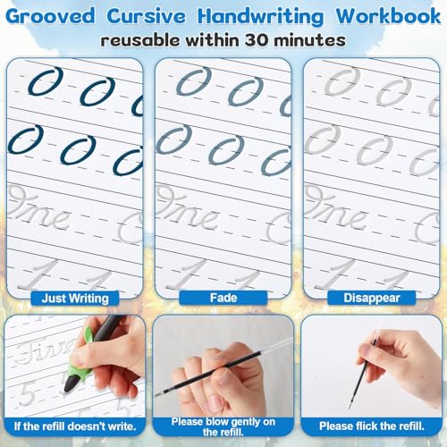 gisgfim Grooved Cursive Handwriting Workbook Magic Reusable Grooved Cursive Handwriting Practice Guided Tracing with Disappearing Ink Pens for Beginners Kids Learning Activities Supplies (Number) - style: Numbers