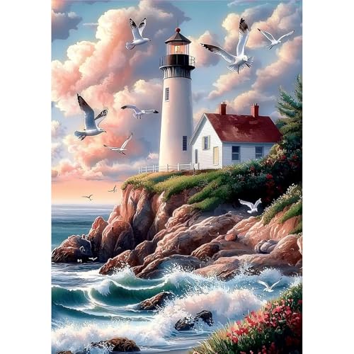 MOGTAA Lighthouse Landscape Diamond Art Kits for Adults, 5D Full Drill Diamond Painting Kits for Adults Beginner, DIY Round Diamond Dots for Adults, Gem Art Home Wall Decor 12 X 16Inch - color: Lighthouse