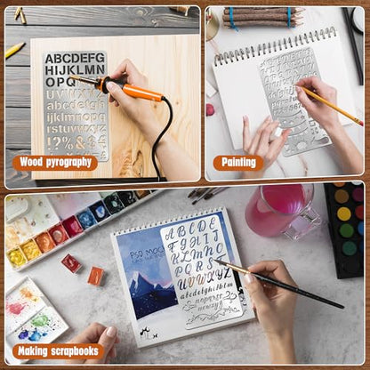 2PCS Stainless Steel Stencils Set for Engraving,Wood Burning - Reusable Alphabet Number Font Templates with Decorative Patterns for Metal,Wood,Leather,Glass,Journaling DIY Crafts (4x7 Inch) - size: 2PCS Alphabet Number Stencils