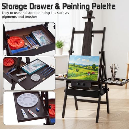 Beech Wood H-Frame Easel for Painting with Tray & Drawer, Walnut | Heavy-duty Floor Adjustable Height & Angle Studio Art Easel Stand, Holds 30"-50" Canvas, Foldable Painting Easel for Adults - color: Walnut