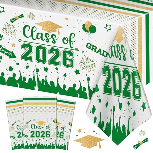 Graduation Decorations Class of 2026 Tablecloth - 3 Pcs Plastic Congrats Grad Table Cloth, Graduation Table Cover for Graduations Party Decorations 2026 and Party Supplies, 54"x108" (Green and Gold) - color: Green and Gold