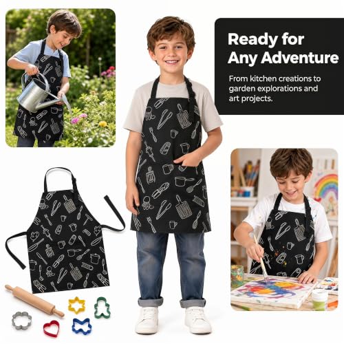 Kids Apron for Cooking, Toddler Apron with Pocket, Girls Boys Apron - color: Black, size: Small