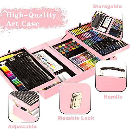 KINSPORY 168 Pack Wooden Art Set, Deluxe Painting Drawing Kit with 3 Coloring Books, Oil Pastels, Watercolor Paints, Art Crafts Supplies, Creative Gift for Beginners, Kids, Boys, Girls & Artists - color: Pink