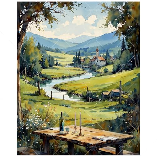 TAOPAOLAB Countryside Landscape Paint by Numbers Kit for Adults - DIY River Valley and Church View Painting on Canvas 12x16In, Framed Acrylic Paint Set for Beginners, Art for Home Decoration or Gifts - color: FM06623, size: 12×16in Framed