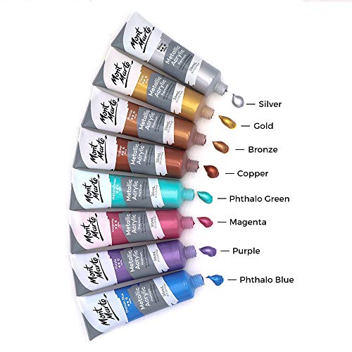 Mont Marte Premium Metallic Acrylic Paint Set, 8 x 1.02oz (36ml) Tubes, 8 Colors, Suitable for Most Surfaces Including Canvas, Card, Paper and Wood - size: 1.22 Fl Oz (Pack of 1)