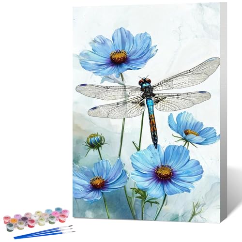 Fountor Framed Paint by Numbers Kit for Adults Beginner & Kids Ages 8-12, Dragonfly Paint by Number with Frame, Easy Acrylic Flowers Painting by Numbers Kit on Canvas 8x12 inch - color: LOP1203, size: 8x12 Inch