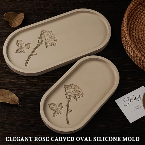 Wehous Oval Tray Molds for Resin Concrete, 2 Size Rose Carved Oval Silicone Mold, Tray Epoxy Resin Casting Mold for Jewelry Holder Bathroom Vanity Tray Candle Holder Storage Floral Crafts Gift - color: 2pc Rose Carved Trays