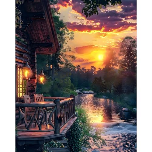 Paint by Numbers Kit for Adults, Sunset Cabin Number Painting Canvas Kit - color: Sunset-1