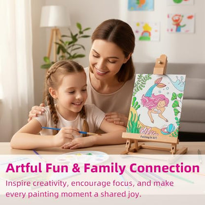 Kids Tabletop Easel Set, Portable Art Easel Painting Kits | 52 Pcs Wooden Easel for Painting Canvases, Including 12 Colors Acrylic Paints, 10 Paintbrushes and 4 Canvas Panels, Pink - color: Pink