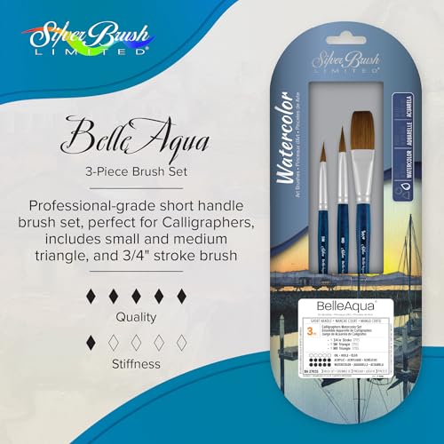 Silver Brush Limited BelleAqua Calligraphers Watercolor Brush Set, 3pc | Small and Medium Triangle, 3/4 Inch Stroke, Short Handle, Soft Synthetic Red Sable, Fine Point Bristle, Calligraphy Painting - color: Calligraphers Watercolor Set