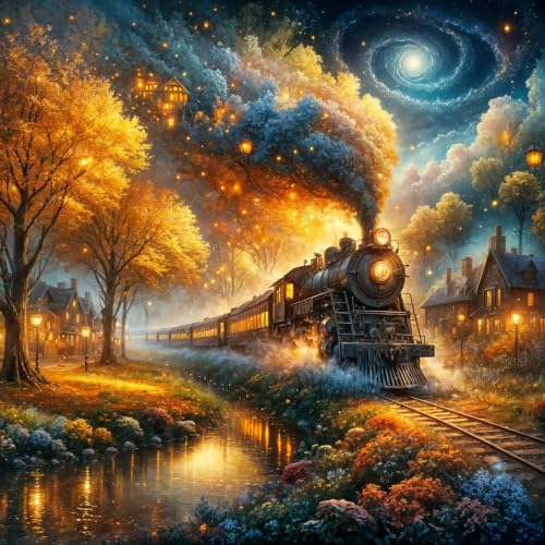 PINFFSHU 5D Diamond Painting Kits for Adults - Full Drill Fantasy Steam Train Autumn Forest, Starry Galaxy Night Sky Cozy Village, DIY Diamond Art Kit for Home Wall Decor Gift (13.78x13.78 inch) - color: DP-train