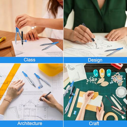 Marte Vanci Math Geometry Kit, 10 Pieces Geometry Set with Storage Box Student Supplies for Drawing, Includes Compasses, Pencil, Eraser, Rulers Protractor, Sharpener,Lead Refills(Blue)