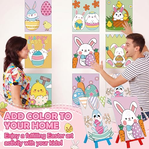 Blosssound 10 Set Easter Pre Printed Canvas Bunny Pre Drawn Canvas Painting with Easel Kits 5" x 7" Outline Painting Panels for Beginners, DIY Craft Project, Party Favor, Home Decors - style: Bohemian