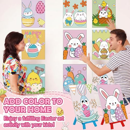 Blosssound 10 Set Easter Pre Printed Canvas Bunny Pre Drawn Canvas Painting with Easel Kits 5" x 7" Outline Painting Panels for Beginners, DIY Craft Project, Party Favor, Home Decors - style: Bohemian