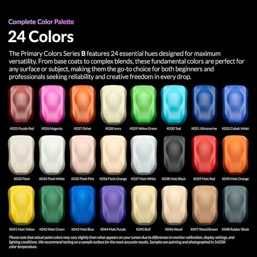 Gaahleri Kaleido Water-Based Airbrush Paint Kit 24 Primary Color Set B | Pre-Thinned, High Gloss, Fast-Drying, with Thinner & Cleaner - color: 24 Primary Colors Set B