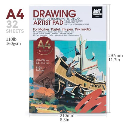 TRANSON A4 Sketchbook Marker Pad, 110lb/160gsm Heavyweight Art Paper, No Bleed Through, 32 Sheets/64 Pages 8.3"x11.7" for Drawing & Sketching - size: A4 160gsm
