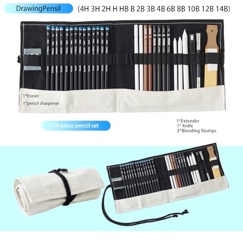 Professional Sketching Pencil Set with Full Hardness Range (3H–14B) – Graphite & Charcoal Pencils with Portable Canvas Pouch