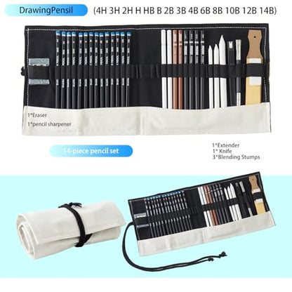 Professional Sketching Pencil Set with Full Hardness Range (3H–14B) – Graphite & Charcoal Pencils with Portable Canvas Pouch