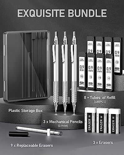 Four Candies Metal Mechanical Pencil Set with Case, 0.9mm, 3-Pack, Silver | 480PCS HB Lead Refills, 3 Erasers+9 Eraser Refills, Anti Grip, for Drafting, Engineering, Technical Drawing, Art Projects - color: Silver, style: 0.9 MM