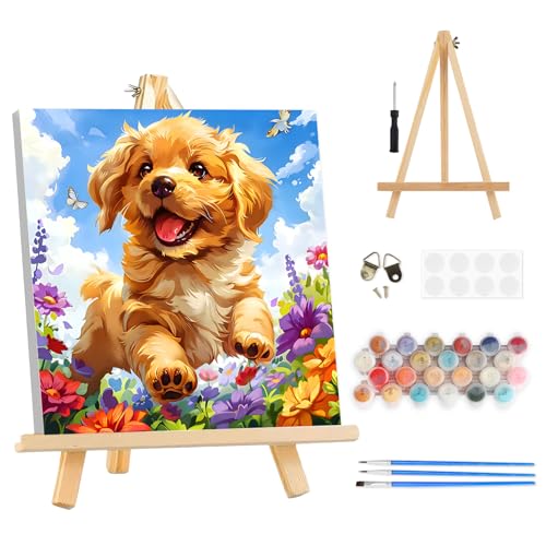 TOSTOG Adorable Golden Retriever Framed Canvas Paint by Numbers Art Kit for Adults and Kids, Beginner Acrylic Oil Painting Supplies with Wooden Frame for Home Wall Decor 25 * 25 cm/10 * 10 in - color: Adorable Golden Retriever