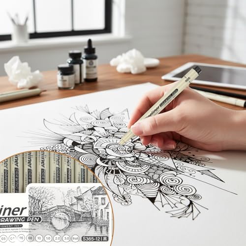 12 Pcs Fineliner Drawing Art Pens Black Waterproof Pigment Ink Set