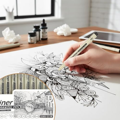 12 Pcs Fineliner Drawing Art Pens Black Waterproof Pigment Ink Set