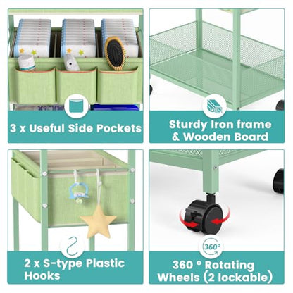 LIDTOP 2in1 Baby Diaper Caddy Organizer Cart, 3-Tier Rolling Cart, Metal Diaper Caddy Carts, Bedside Carts for Nursery Essentials Storage, Detachable Dividers, Large Capacity, Green - color: Green