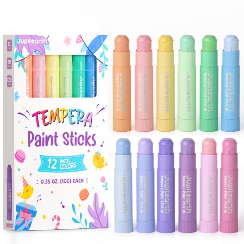 JUPITEARTH Tempera Paint Sticks for Kids, Quick Drying, 12 Pastel Colors | Non-Toxic and Washable Paint Sticks, 120 PDF Coloring Pages and 30 Stickers, Smooth, Mess-Free Art Supplies for Crafts - color: 12 Pastel Colors