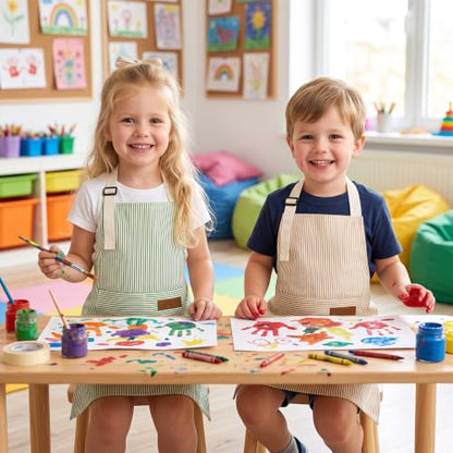 3 Pack Stripes Kids Apron, Adjustable Kids Cooking Aprons with 2 Pockets, Cute Chef Baking Aprons for Boys and Girls - color: Pink + Green + Khaki, size: 45x50cm
