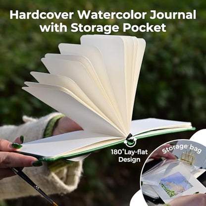 Funto Watercolor Journal, 3.5x5.5, 2 Pack, 24 Sheets Each, Cold-Pressed with Inner Pocket, 110lb/230gsm, Suitable for Techniques and Mixed Media - color: Green-Leather-3.5x 5.5