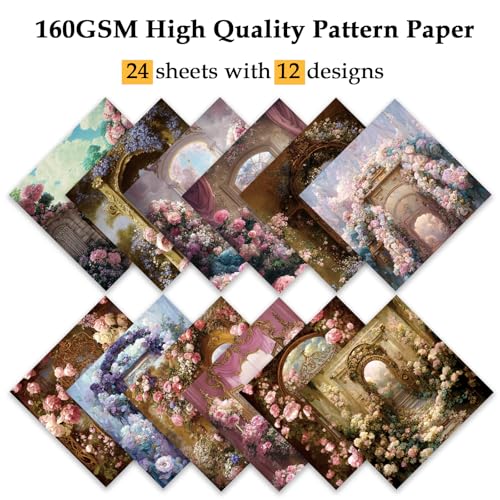 Scrapbook Paper, 24 Sheets 6"×6" 160gsm Single-Sided Patterned Cardstock - color: 24 sheets-gate of dream
