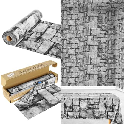 100FT x 54IN Stone Wall Plastic Tablecloth Roll with Slide Cutter Box | Heavy Duty Disposable Table Cover & Wall Backdrop, Cut-to-size for Medieval Party, Community, BBQ & Holiday Events - color: Deep Gray, size: 1200" x 54" (Rectangular)