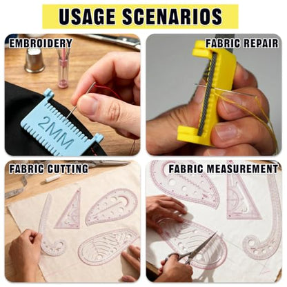 4 PCS Clip-On Sewing Ruler and Clear French Curve Ruler for Sewing Set | Premium Blanket Stitch Guide Tool with 2mm, 3mm, 4mm, 5mm Spacing for Hand-Sewing, Embroidery, Patchwork & Dressmaking