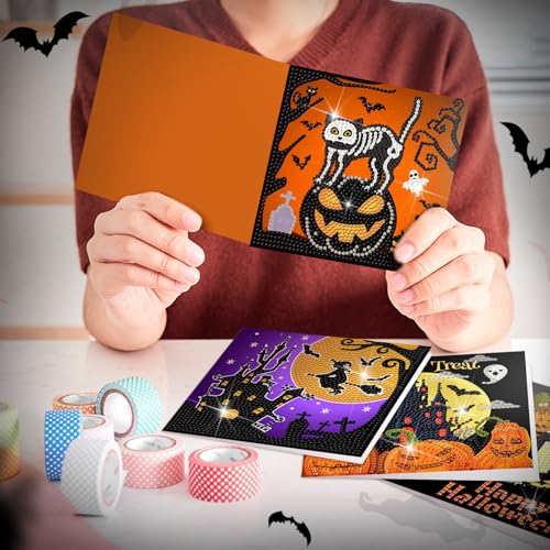 Saillong 12 Pack Halloween Diamond Painting Greeting Card Kits DIY Diamond Art Cards with Envelopes Bat Black Cat Pumpkin 5D Rhinestones Painting for Adults DIY Craft Family Friend Halloween Gifts - color: Halloween