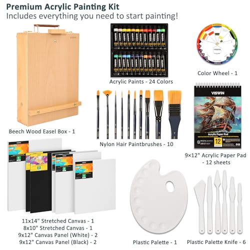 VISWIN 62 Pcs Acrylic Paint Set with Easel Box, Painting Kit with 24 Acrylic Paints, Canvases, Brushes, Palette, Paper Pad, Art Supplies, Art Set Gift for Adults, Beginners, Artists - size: 62 Pcs