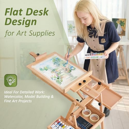 Multi-Function Beech Wood Art Easel for Painting, Flat Desk Easel Stand - color: Medium Natural
