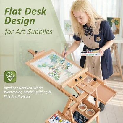 Multi-Function Beech Wood Art Easel for Painting, Flat Desk Easel Stand - color: Medium Natural