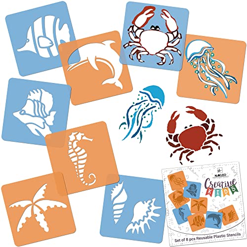 NAKLEO Painting Stencils for Kids, 8 Pcs Set 6x6” Sea Animals, Children Creative Drawing Templates Plastic and Reusable, DIY Decoration Arts and Crafts, Paper Wall Wood Fabric - color: SEA ANIMALS