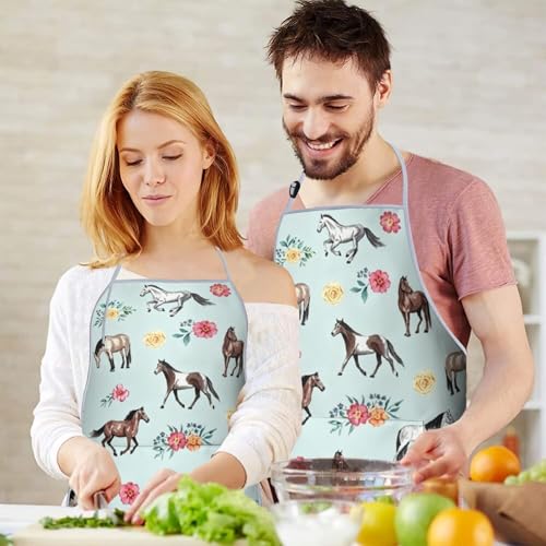 Apron with 2 Pockets,Kitchen Chef Artist Aprons for Cooking Gardening Baking Painting, Waterproof Apron 33" x 27" - color: Horse