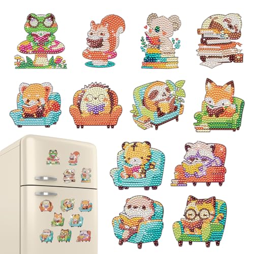 INCOK Reading Diamond Art Magnets Refrigerator - 12 PCS DIY Cute Animal Diamond Painting Fridge Magnets Tiger Squirrel Cat Fox Frog Gem Art Craft Home Decors Birthday Gift for Adults Beginners - color: reading