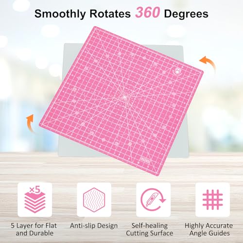 Headley Tools 12"x12" Rotating Cutting Mat, Self Healing Mat with 360-Degree Rotation & Anti-Slip Base, Sewing Board Cutting Mat Perfect for Fabric Quilting Leather Hobby Project，Pink - color: Pink, size: 12"L x 12"W