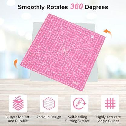 Headley Tools 12"x12" Rotating Cutting Mat, Self Healing Mat with 360-Degree Rotation & Anti-Slip Base, Sewing Board Cutting Mat Perfect for Fabric Quilting Leather Hobby Project，Pink - color: Pink, size: 12"L x 12"W