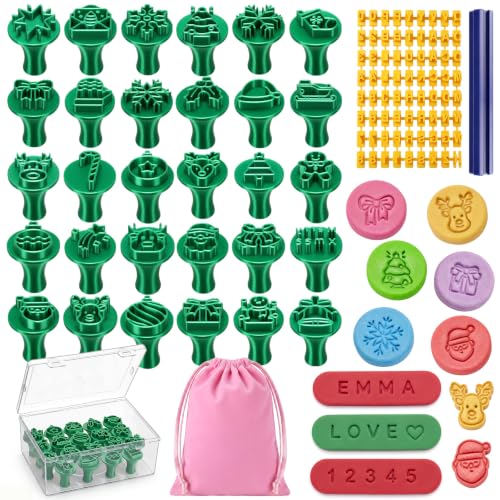30 Pcs Christmas Pattern Clay Modeling Stamp Set with 72-Character Letter Stamps and Storage Box, Christmas Pattern Stamps for Polymer/Ceramic Clay, Pottery Craft, Cookie and Jewelry Making - style: Christmas