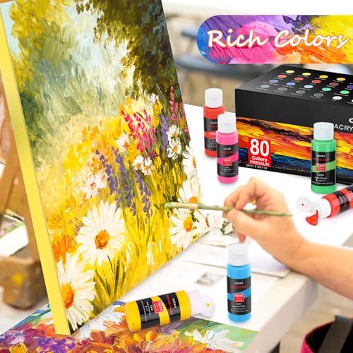 Caliart 80 Colors Acrylic Paint Set with 12 Brushes | Craft Painting kit for Adults Artists Beginners, Halloween Pumpkin Canvas Wood Rock Ceramic Fabric Art Supplies Paints - color: Regular, size: 2 Fl Oz (Pack of 80)